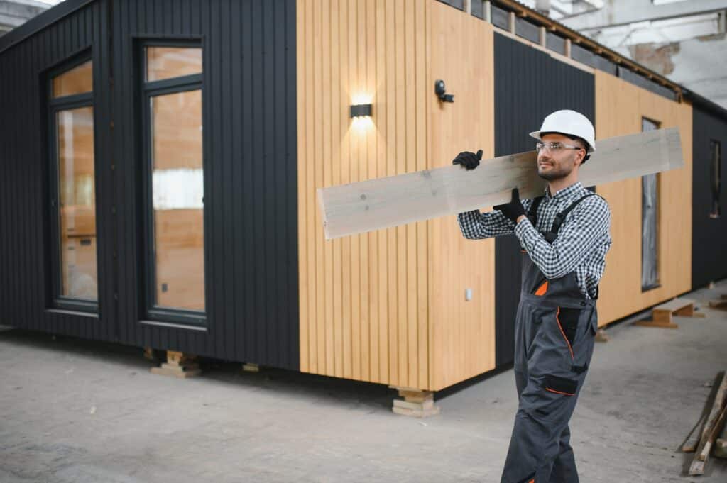 Worker carpenter assembling a modular house.