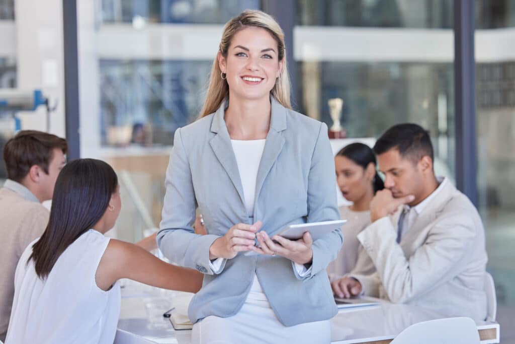 Business woman, portrait and tablet in meeting for online planning, internet search and pride in of.