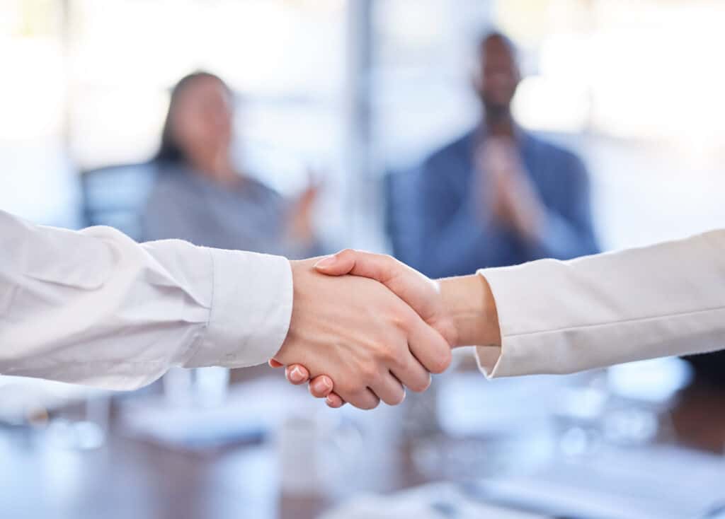 Handshake, teamwork and b2b partnership, agreement or deal, contract or onboarding. Thank you, welc.