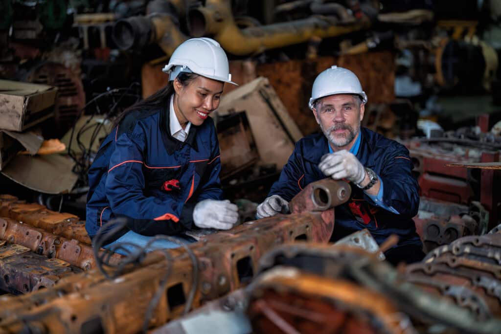 Maintenance manager and engineer checking part large engine supercharger prepare for overhaul repair