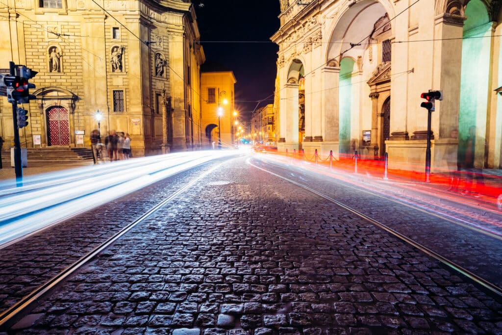 Night View of traffic lights in Krizovnicka street in Prague, Czech Republic.