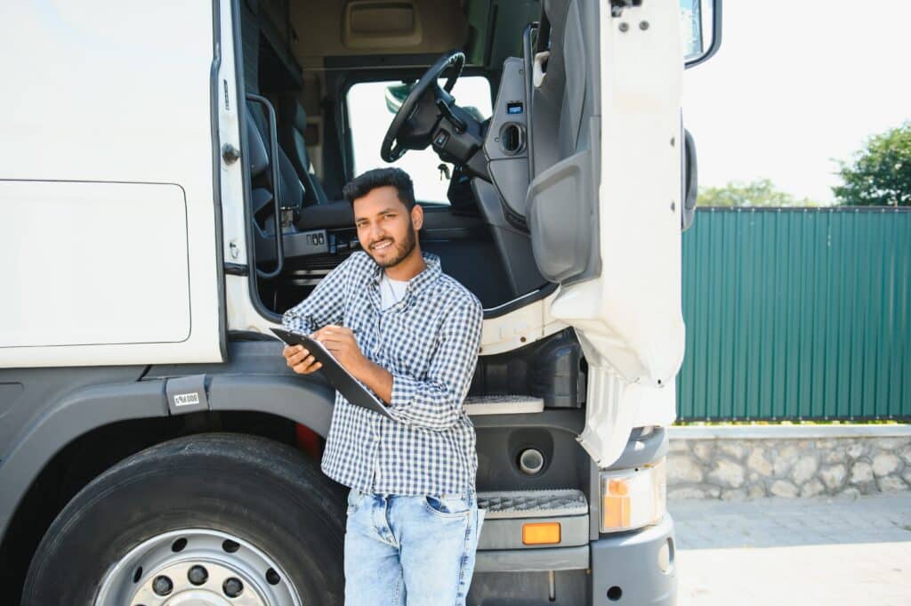 Portrait of confident indian truck driver on parking. Copy space