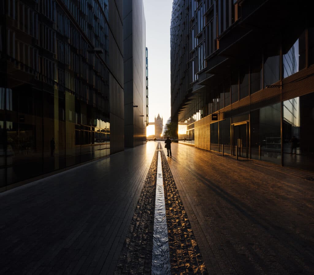 Sunrise of Tower Bridge from More London Place, London, UK