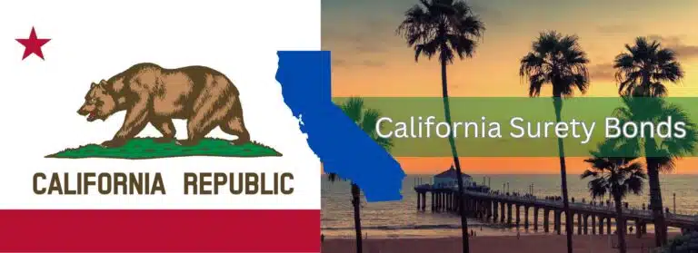 California Surety Bonds. The California State Flag on the left. On the right, a picture of a California beach.
