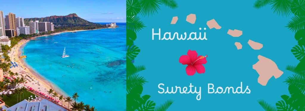 Waikiki Beach in Hawaii. Next to it an image of Hawaii with the words, "Hawaii Surety Bonds" around it. 