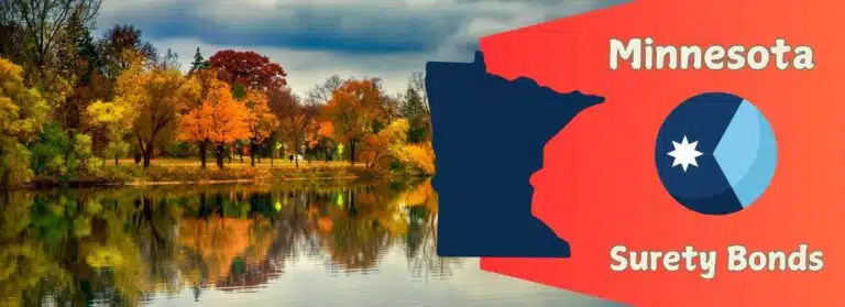 An image of Calhoun Beach in Minneapolis. An image of the state of Minnesota and the state flag. The words, "Minnesota Surety Bonds" beside them.