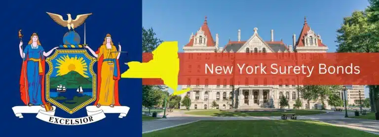 The New York State flag on the left, The New York Capitol Building on the right. In the Middle a box that says, New York Surety Bonds.