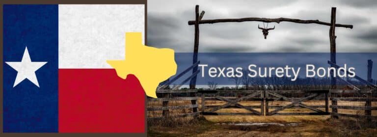 A Texas ranch with the Texas state flag and a yellow state of Texas image beside it. "Texas Surety Bonds" in text.