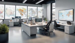 A Freight Broker's office with maps and supply routes o =n the wall.