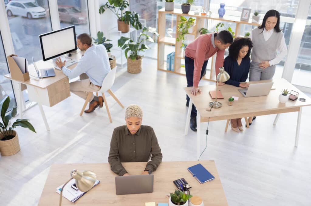 Office team above, busy people and computer for startup management, workflow communication and comp.
