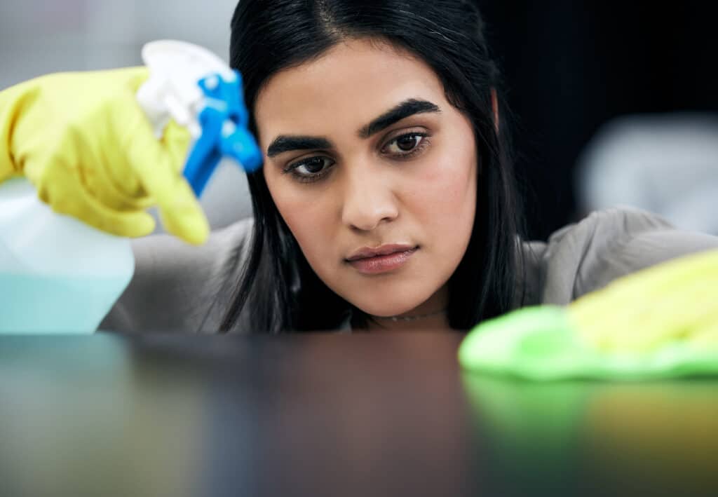 We dont want any dirt left. Shot of a young woman cleaning a surface at home
