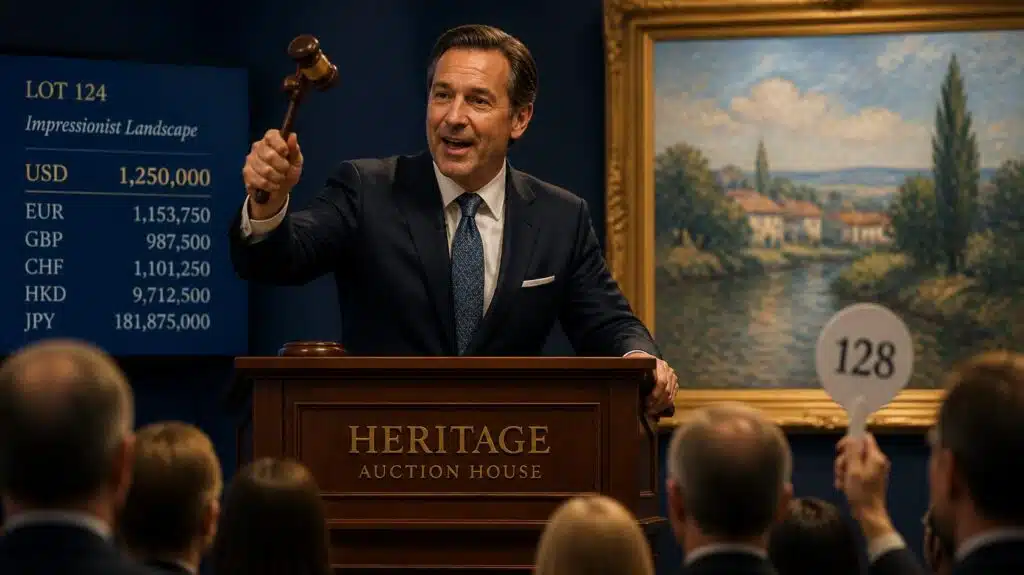 Auctioneer striking a gavel at a podium during a live bidding auction