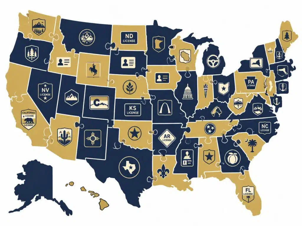Map of the United States showing auction license requirements by state