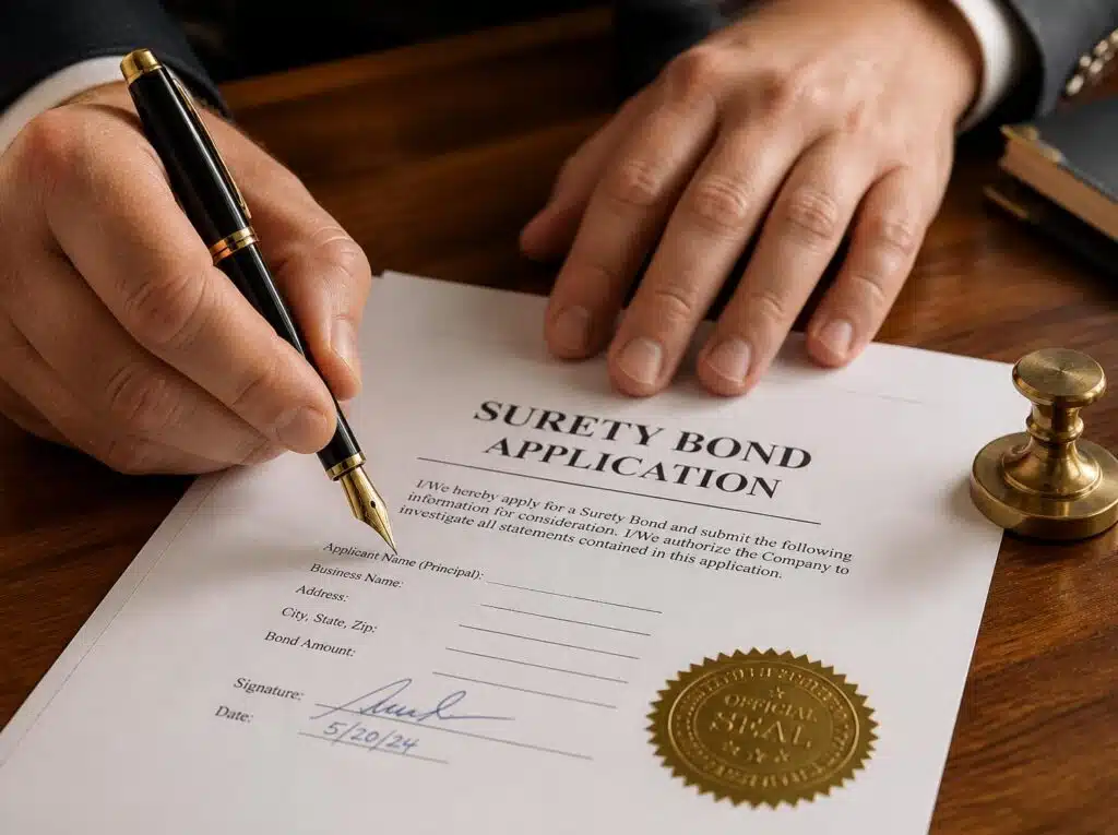 Close-up of a hand signing a surety bond application with a pen